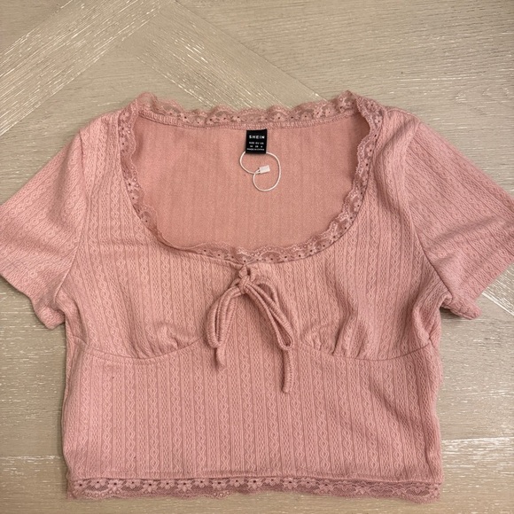 SHEIN Tops - SHEIN Dusty Pink Lace-Trimmed Blouse Medium